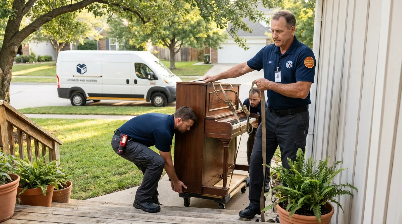 Licensed piano movers securing grand piano in Lynn, MA